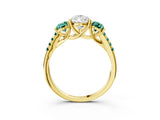 Yellow gold Three-Stone Pear Cut Diamond Ring with Round with Green Sapphire side stone Pavé Band and Prong Setting_3