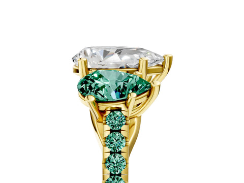 Yellow gold Three-Stone Pear Cut Diamond Ring with Round with Green Sapphire side stone Pavé Band and Prong Setting_5
