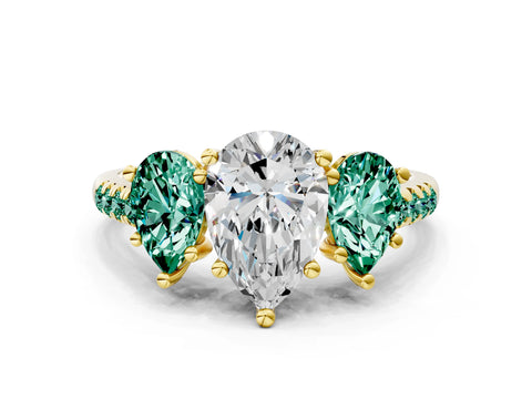 Yellow gold Three-Stone Pear Cut Diamond Ring with Round with Green Sapphire side stone Pavé Band and Prong Setting