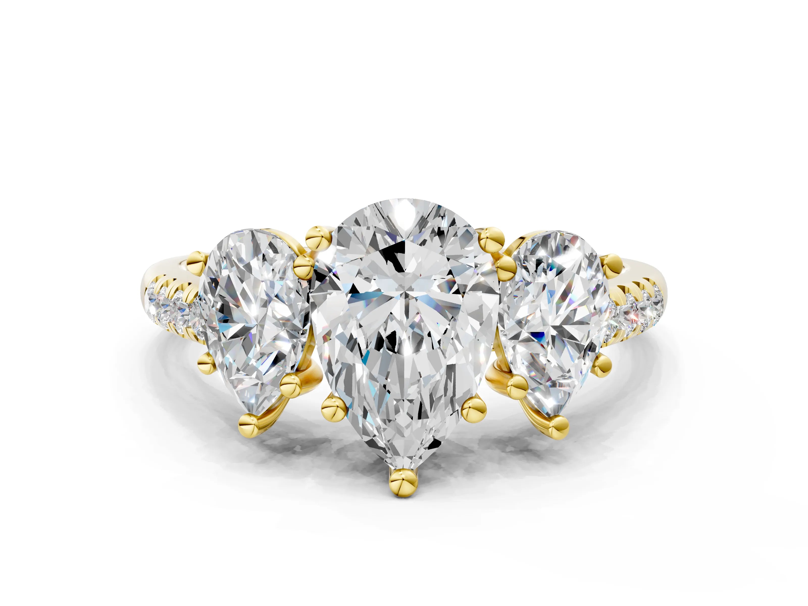 Yellow gold Three-Stone Pear Cut Diamond Ring with Round with Moissanite side stone Pavé Band and Prong Setting