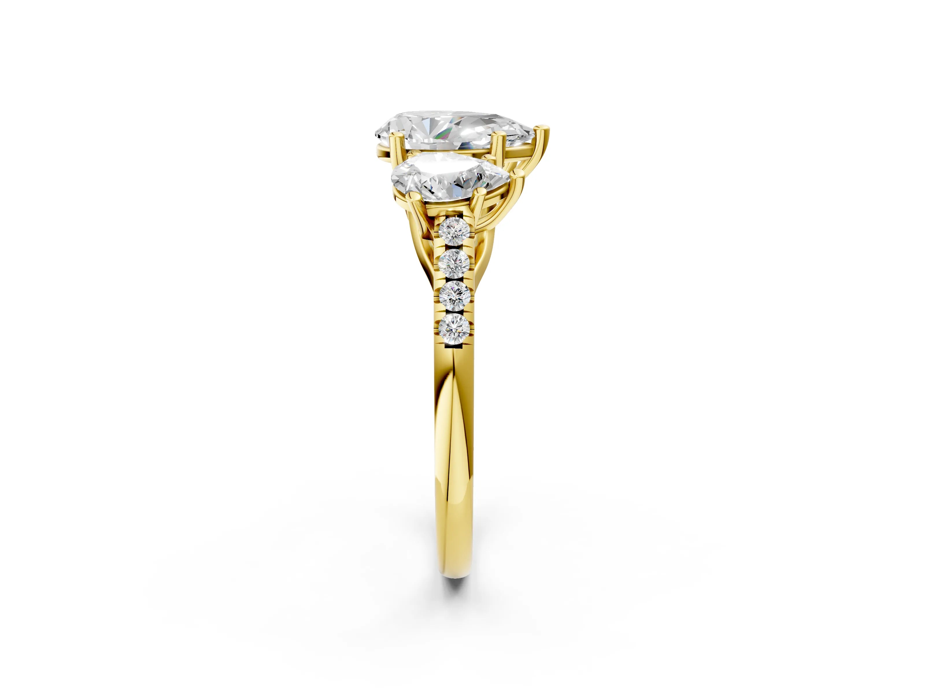 Yellow gold Three-Stone Pear Cut Diamond Ring with Round with Moissanite side stone Pavé Band and Prong Setting_2