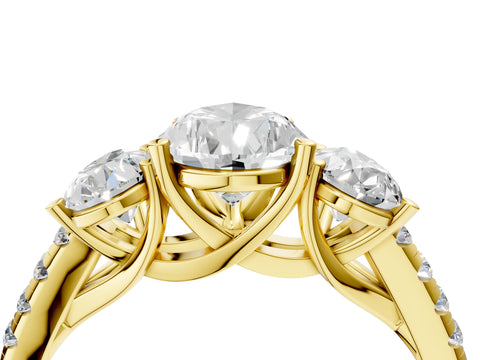 Yellow gold Three-Stone Pear Cut Diamond Ring with Round with Moissanite side stone Pavé Band and Prong Setting_4
