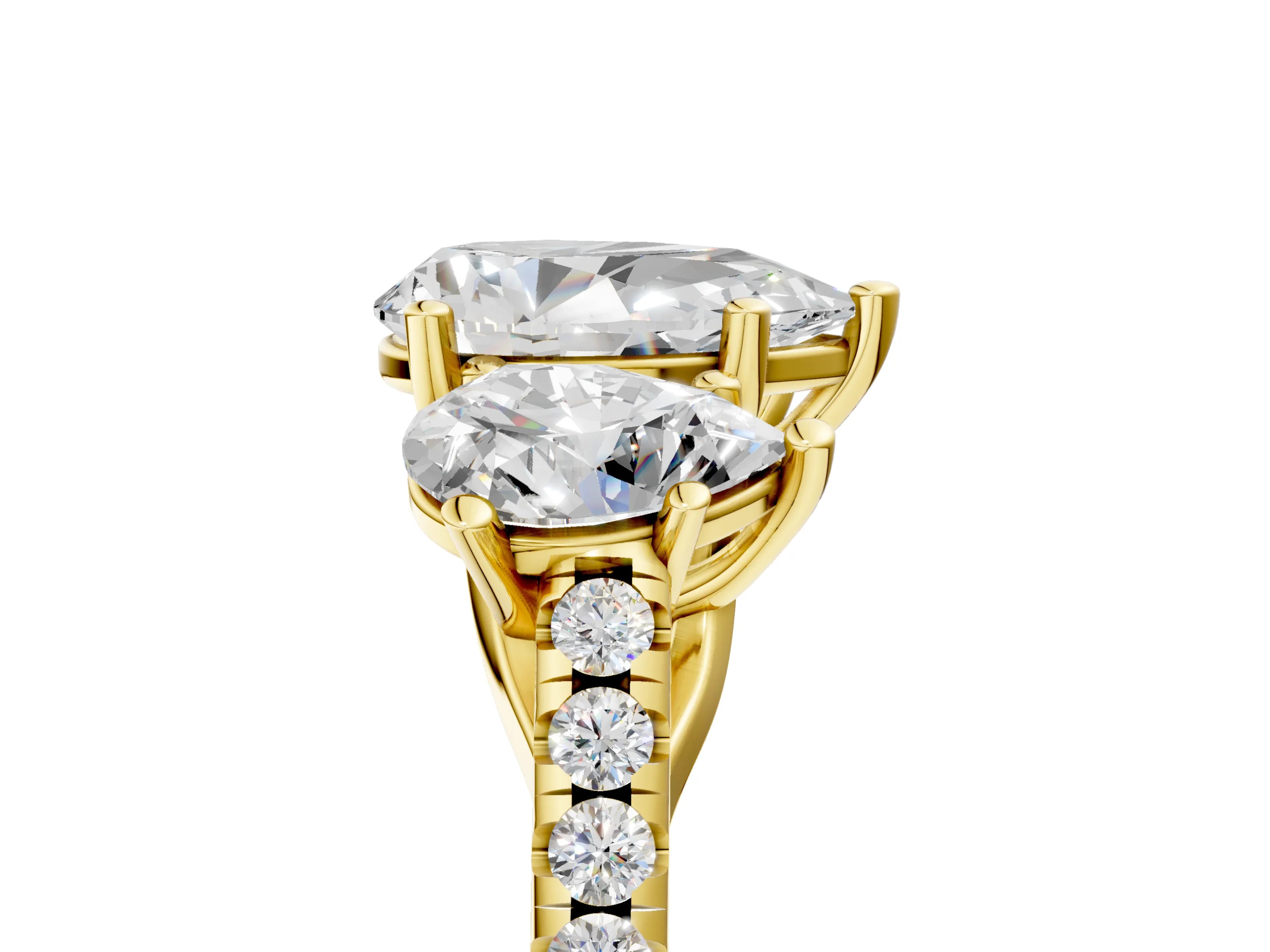 Yellow gold Three-Stone Pear Cut Diamond Ring with Round with Moissanite side stone Pavé Band and Prong Setting_5