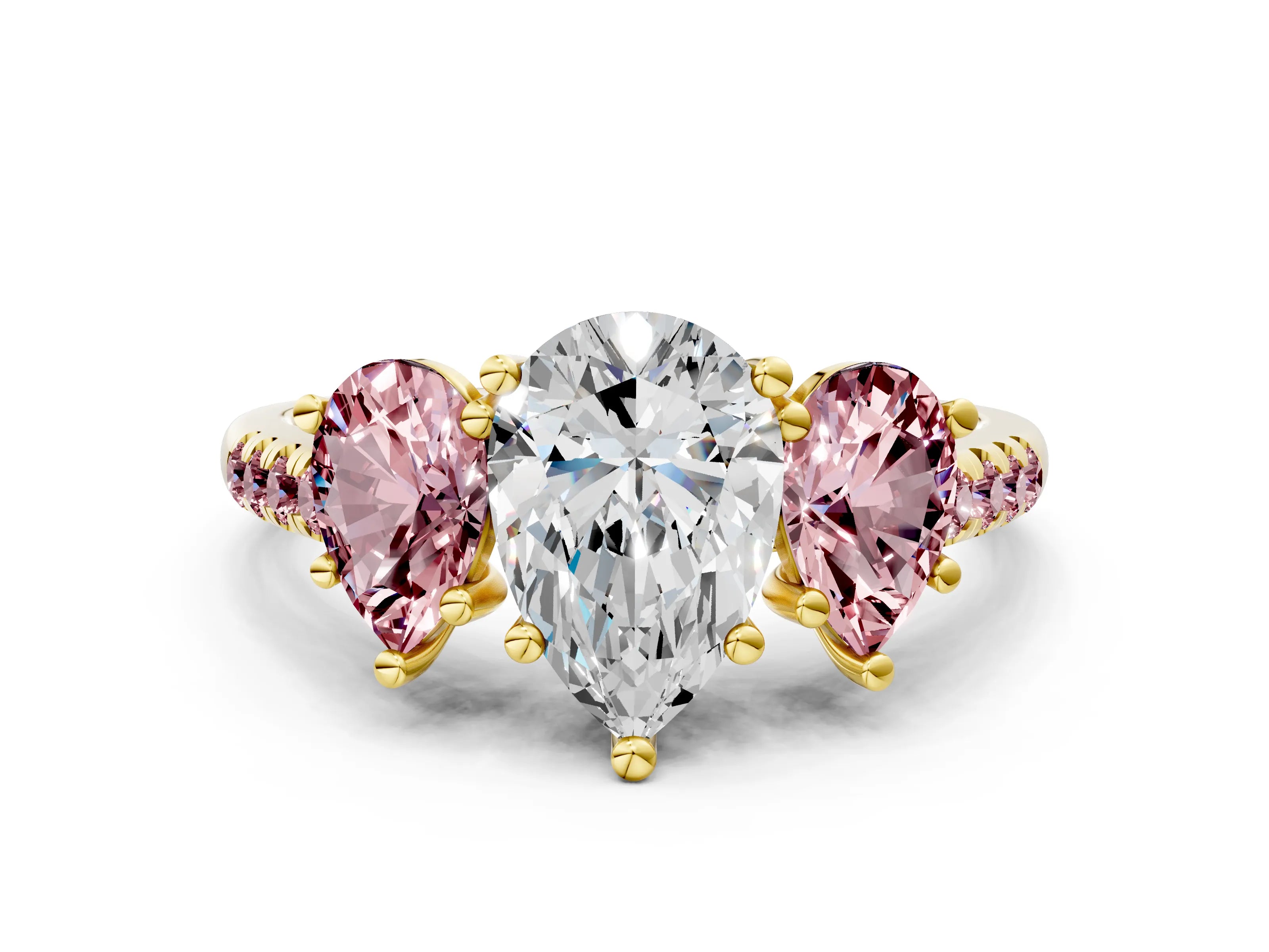 Yellow gold Three-Stone Pear Cut Diamond Ring with Round with Morganite side stone Pavé Band and Prong Setting