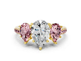 Yellow gold Three-Stone Pear Cut Diamond Ring with Round with Morganite side stone Pavé Band and Prong Setting