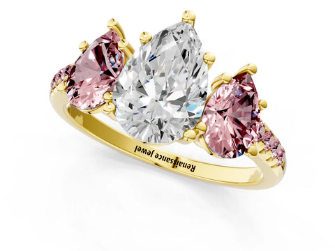 Yellow gold Three-Stone Pear Cut Diamond Ring with Round with Morganite side stone Pavé Band and Prong Setting_1