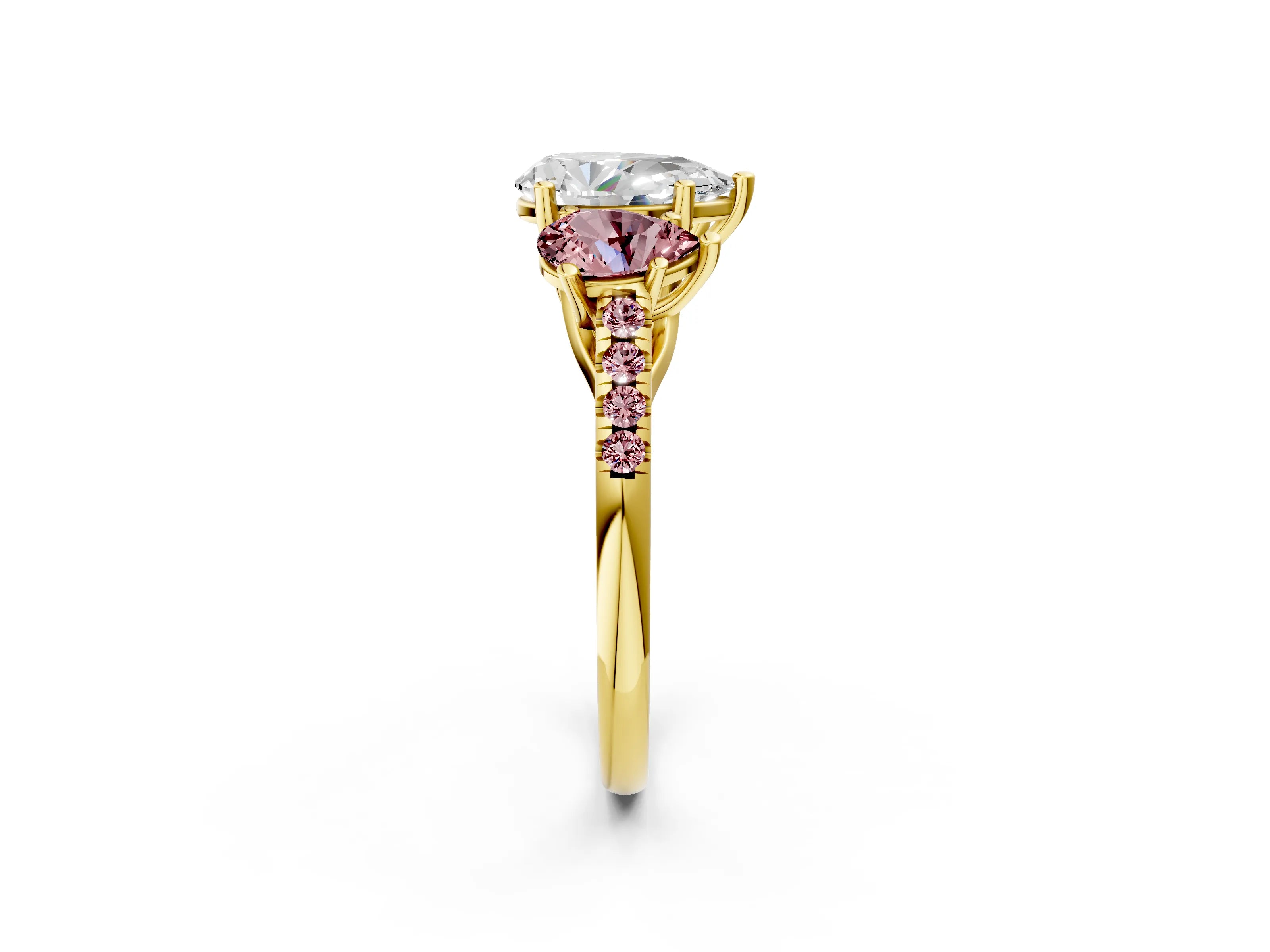 Yellow gold Three-Stone Pear Cut Diamond Ring with Round with Morganite side stone Pavé Band and Prong Setting_2