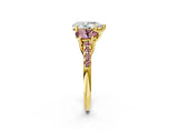 Yellow gold Three-Stone Pear Cut Diamond Ring with Round with Morganite side stone Pavé Band and Prong Setting_2