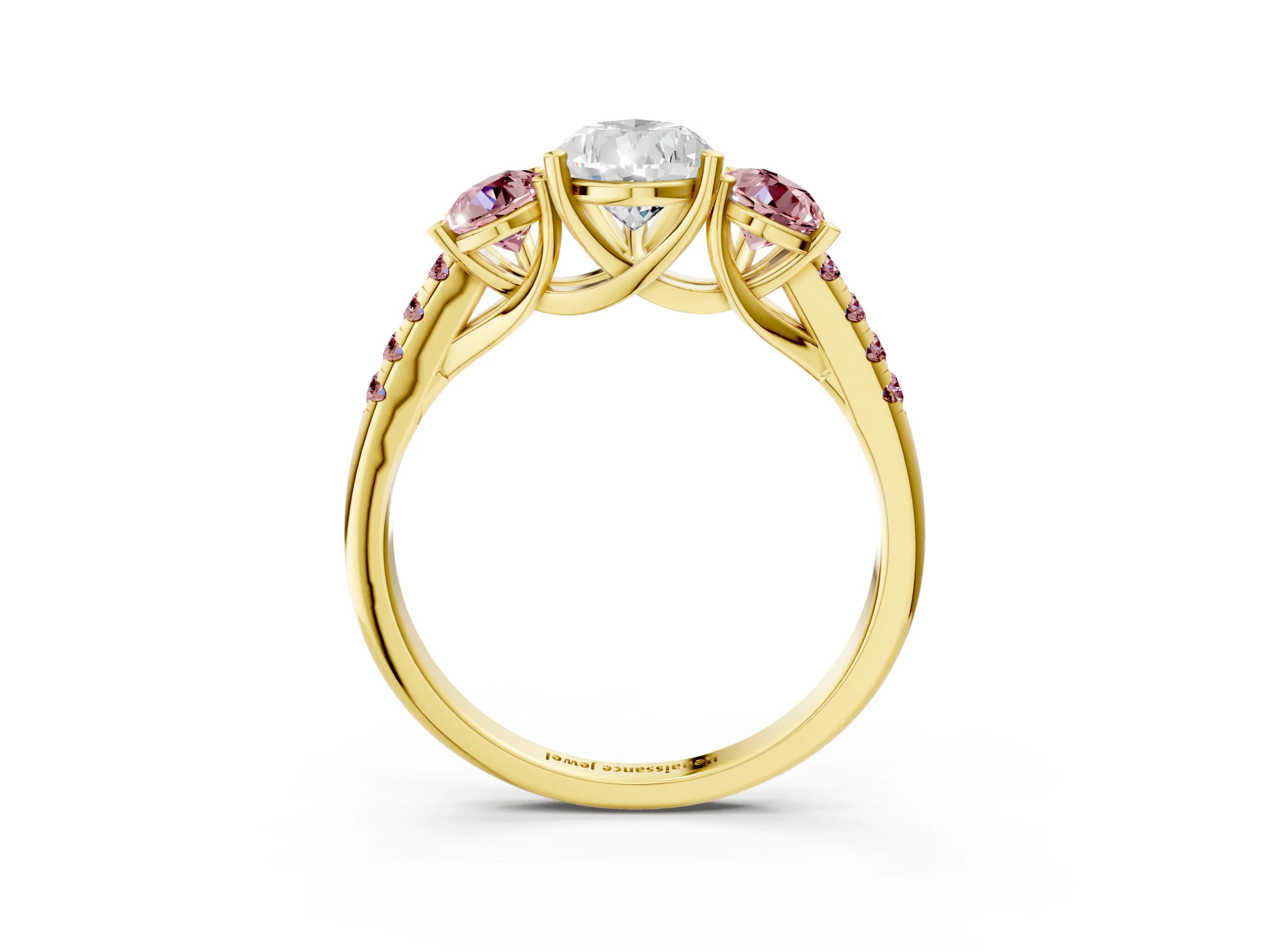 Yellow gold Three-Stone Pear Cut Diamond Ring with Round with Morganite side stone Pavé Band and Prong Setting_3