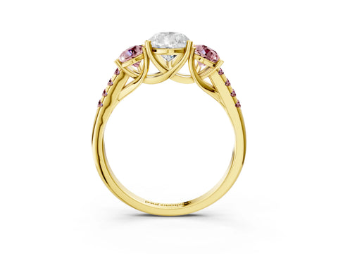 Yellow gold Three-Stone Pear Cut Diamond Ring with Round with Morganite side stone Pavé Band and Prong Setting_3