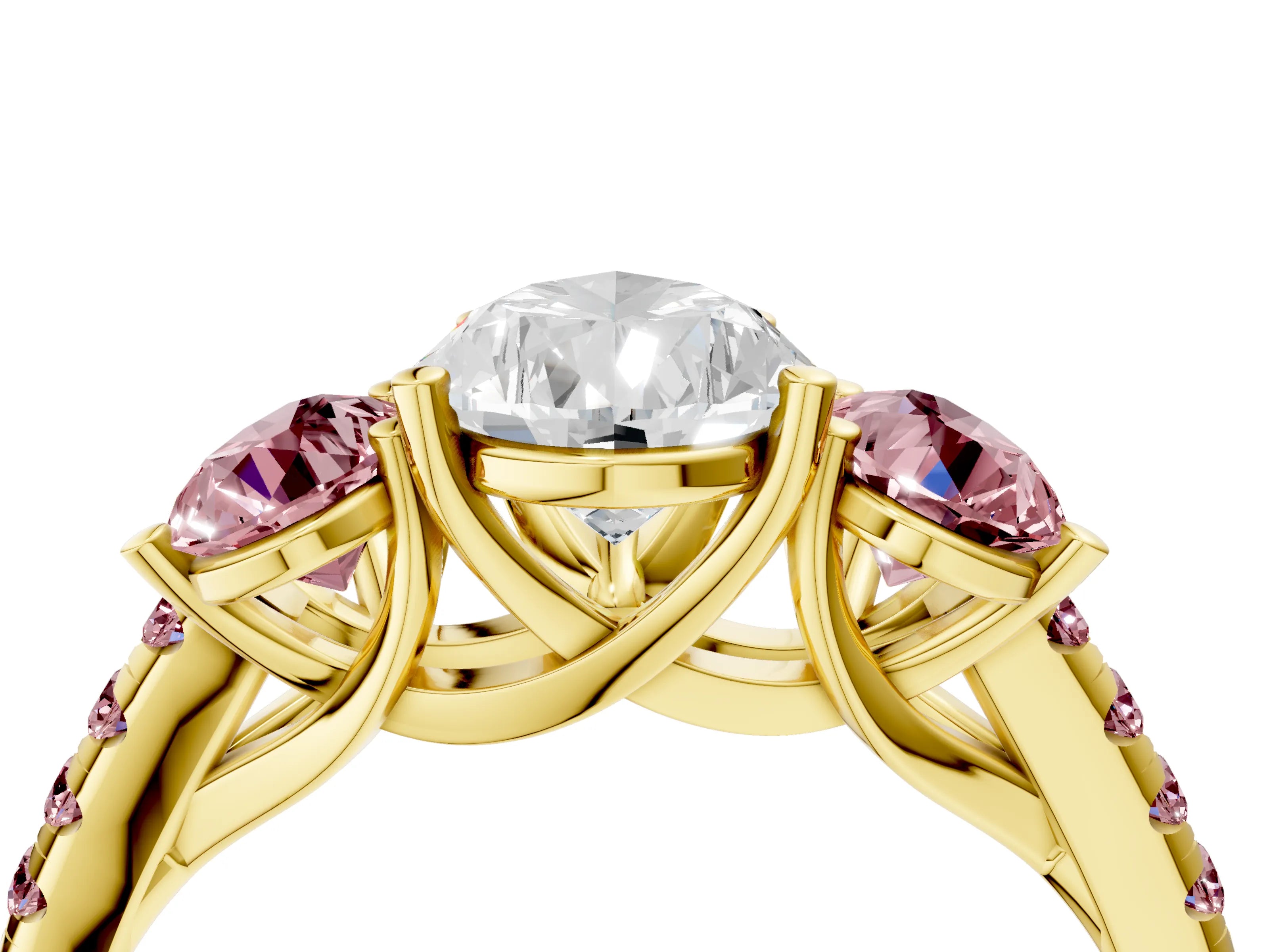 Yellow gold Three-Stone Pear Cut Diamond Ring with Round with Morganite side stone Pavé Band and Prong Setting_4