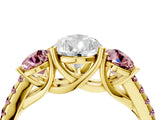 Yellow gold Three-Stone Pear Cut Diamond Ring with Round with Morganite side stone Pavé Band and Prong Setting_4