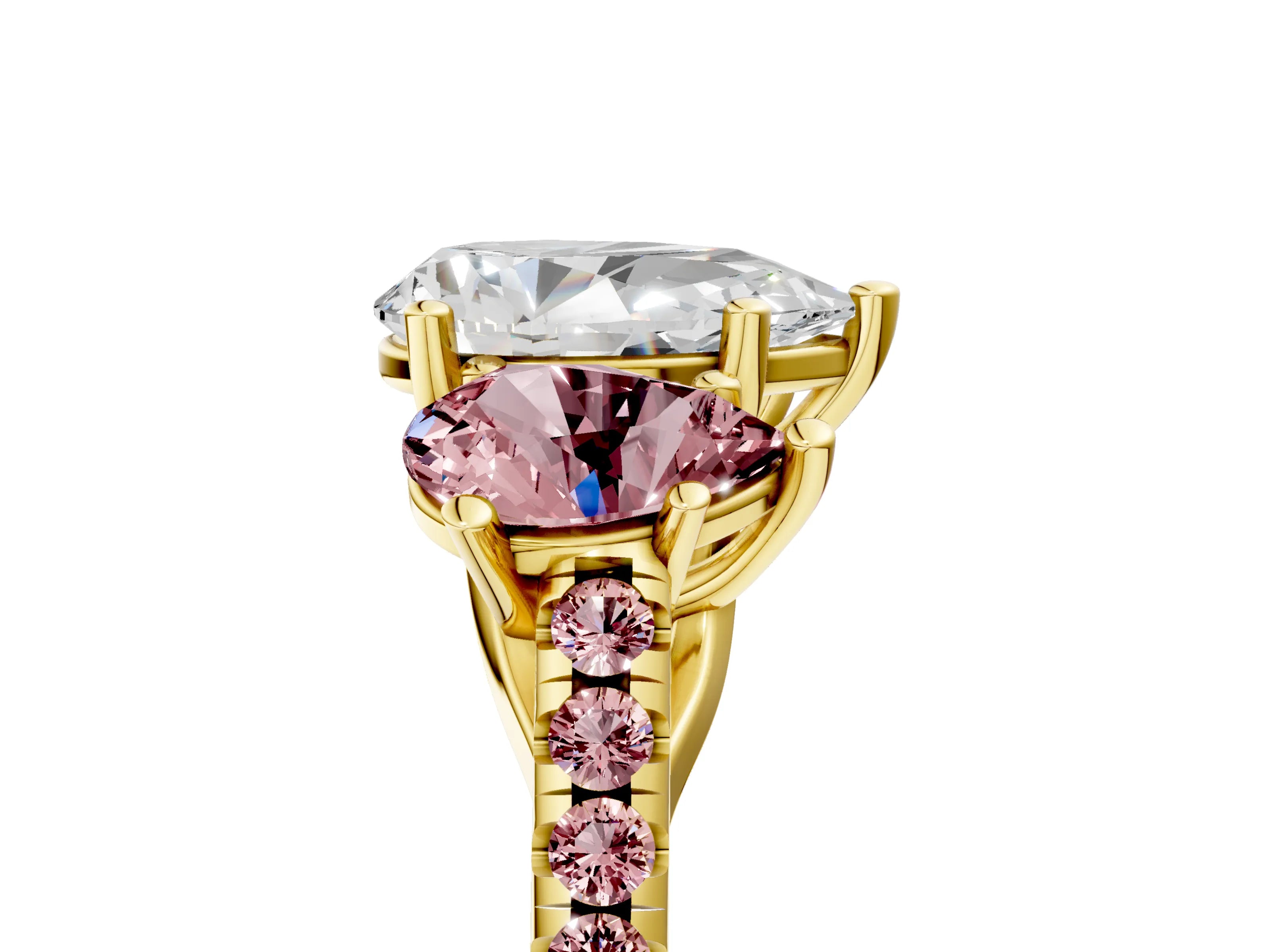 Yellow gold Three-Stone Pear Cut Diamond Ring with Round with Morganite side stone Pavé Band and Prong Setting_5