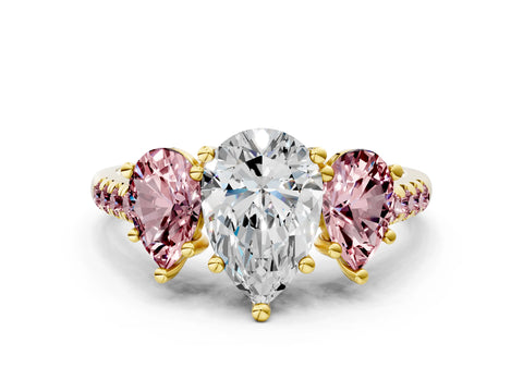 Yellow gold Three-Stone Pear Cut Diamond Ring with Round with Morganite side stone Pavé Band and Prong Setting