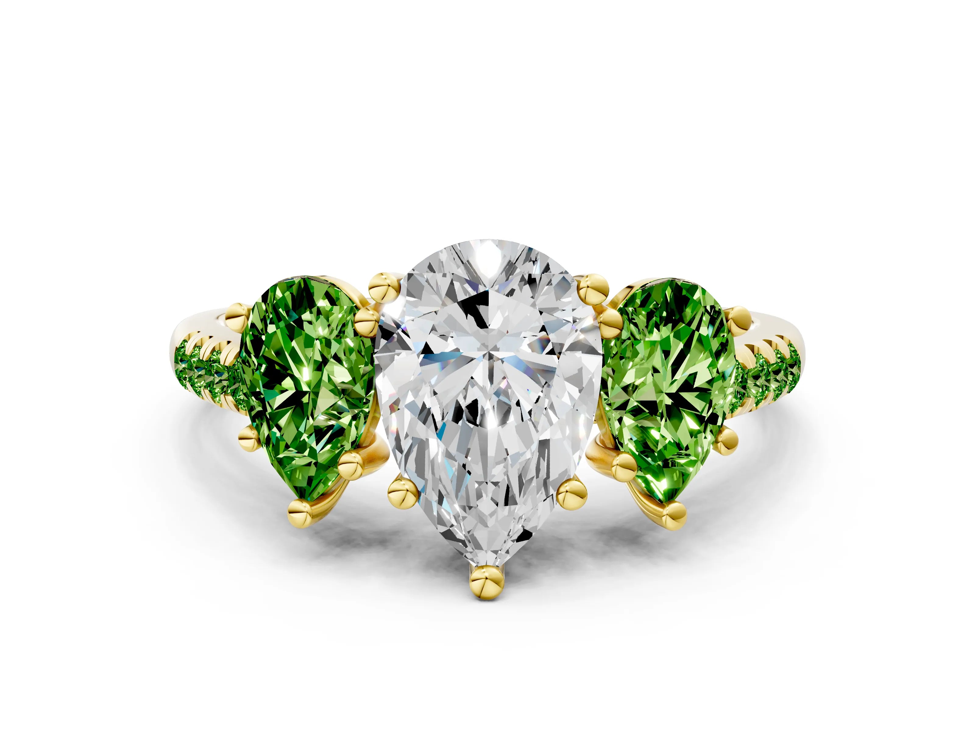Yellow gold Three-Stone Pear Cut Diamond Ring with Round with Peridot side stone Pavé Band and Prong Setting