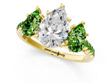 Yellow gold Three-Stone Pear Cut Diamond Ring with Round with Peridot side stone Pavé Band and Prong Setting_1