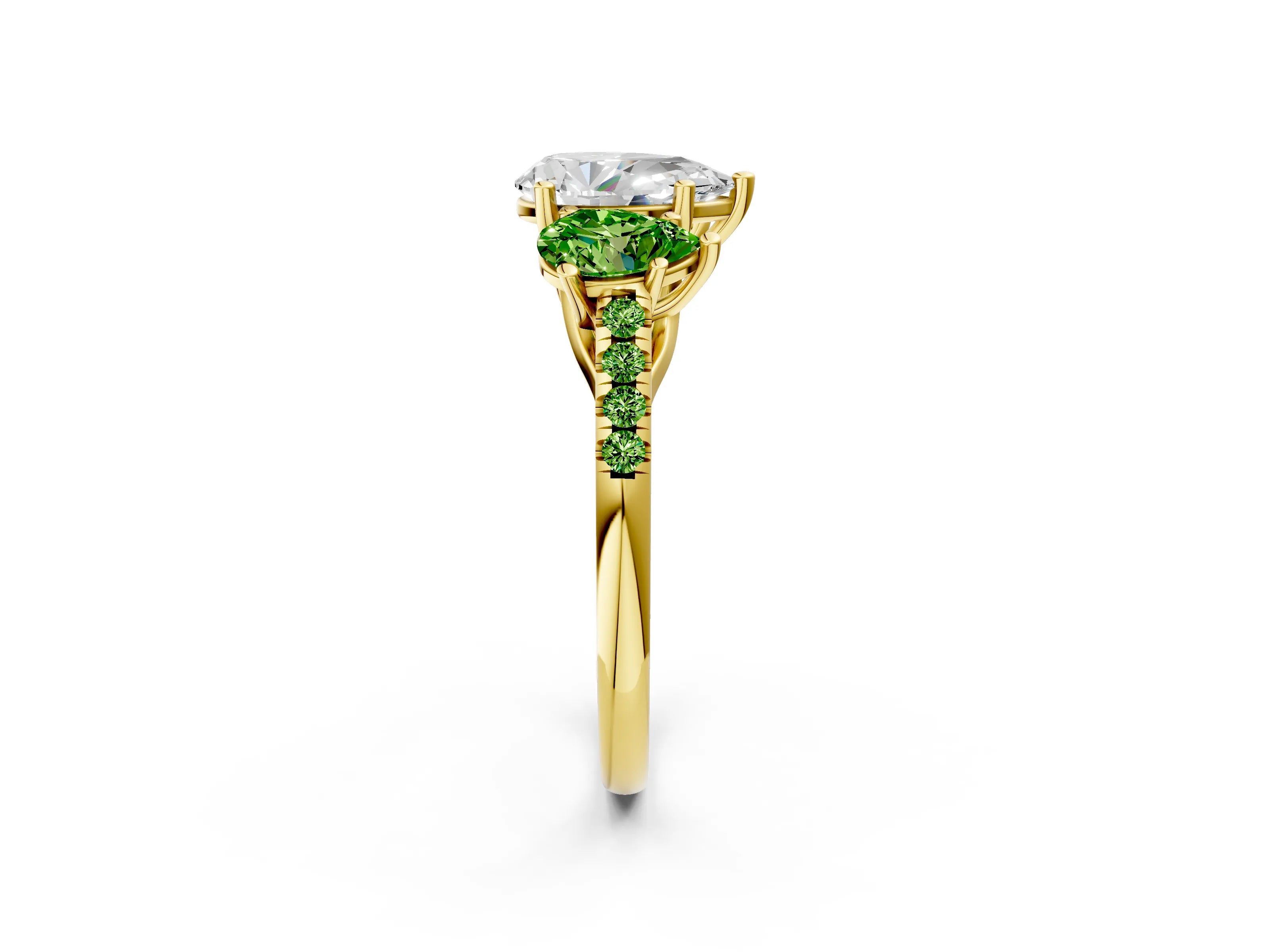 Yellow gold Three-Stone Pear Cut Diamond Ring with Round with Peridot side stone Pavé Band and Prong Setting_2