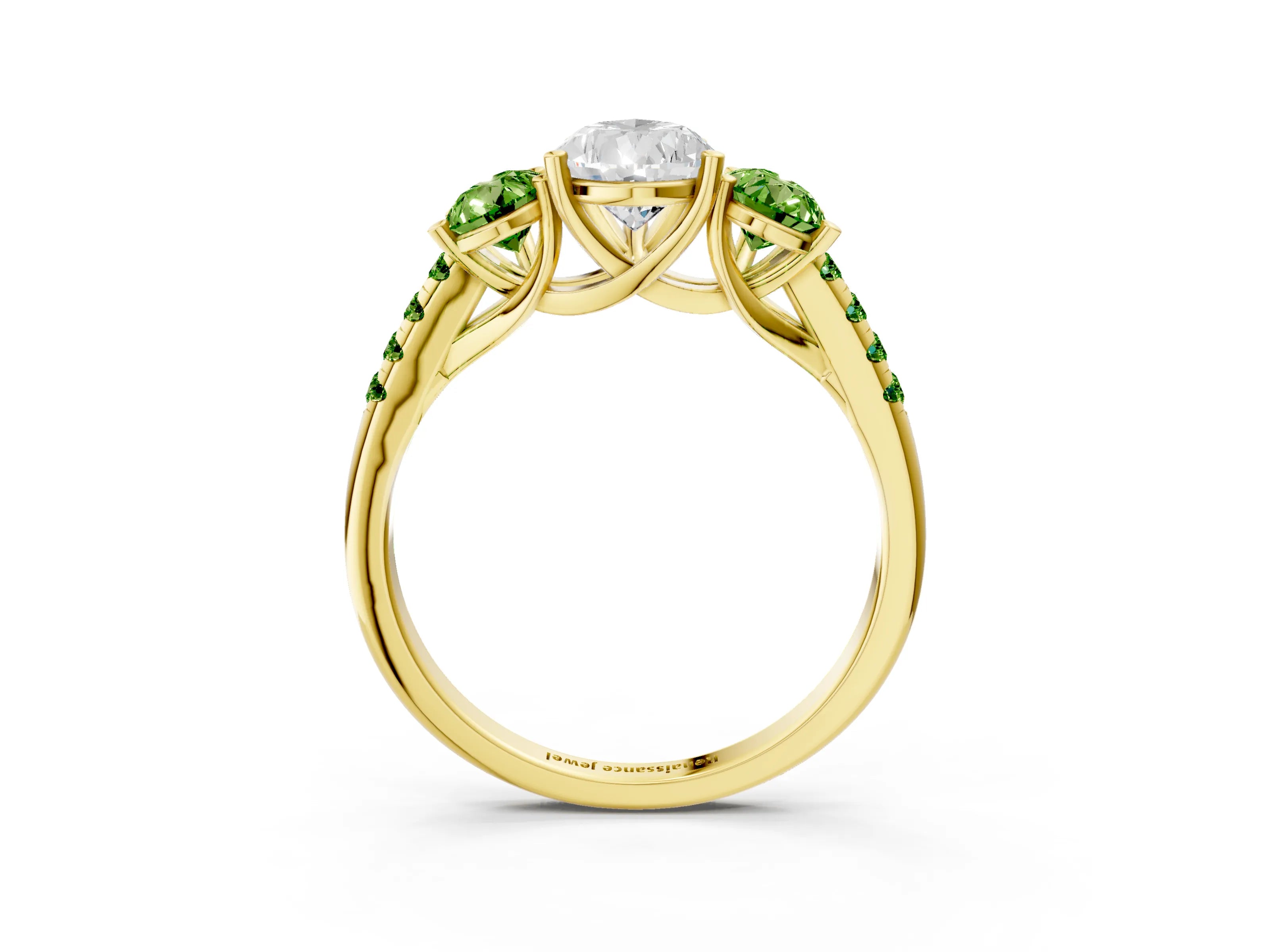Yellow gold Three-Stone Pear Cut Diamond Ring with Round with Peridot side stone Pavé Band and Prong Setting_3