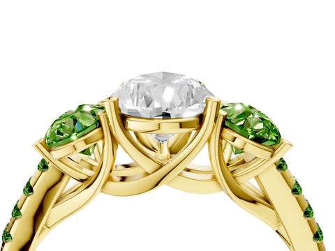 Yellow gold Three-Stone Pear Cut Diamond Ring with Round with Peridot side stone Pavé Band and Prong Setting_4