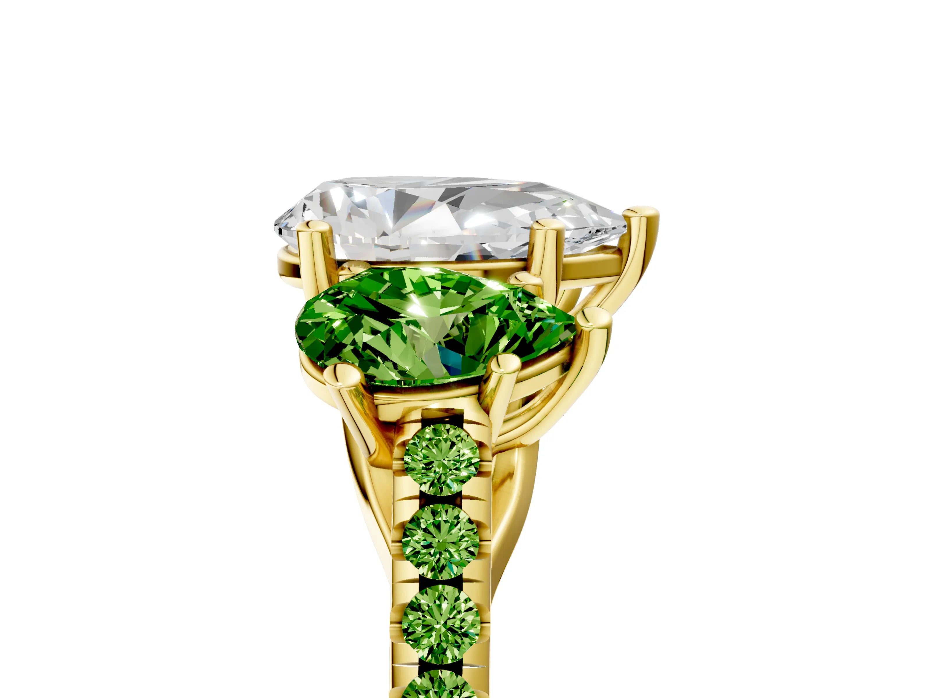 Yellow gold Three-Stone Pear Cut Diamond Ring with Round with Peridot side stone Pavé Band and Prong Setting_5