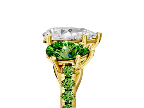 Yellow gold Three-Stone Pear Cut Diamond Ring with Round with Peridot side stone Pavé Band and Prong Setting_5