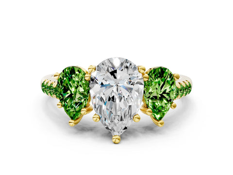 Yellow gold Three-Stone Pear Cut Diamond Ring with Round with Peridot side stone Pavé Band and Prong Setting