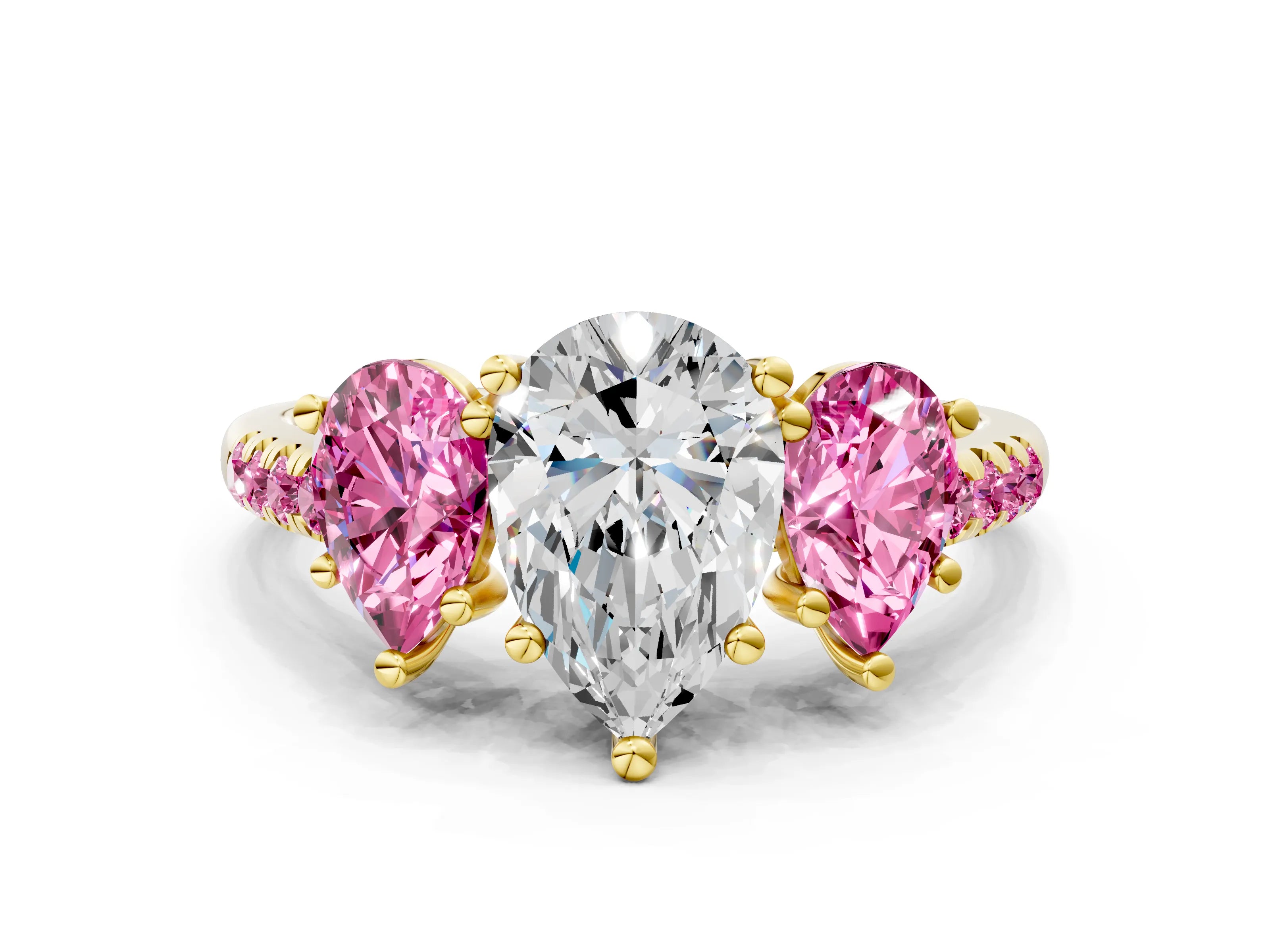 Yellow gold Three-Stone Pear Cut Diamond Ring with Round with Pink Sapphire side stone Pavé Band and Prong Setting
