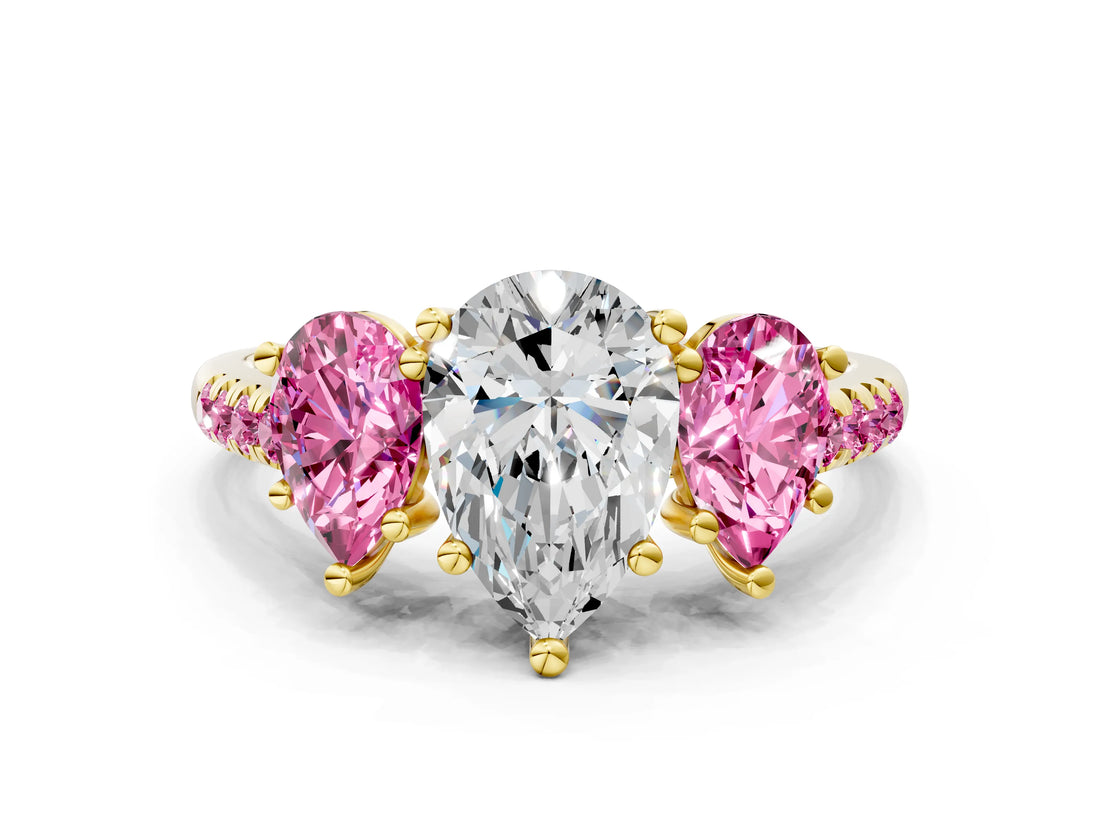 Yellow gold Three-Stone Pear Cut Diamond Ring with Round with Pink Sapphire side stone Pavé Band and Prong Setting