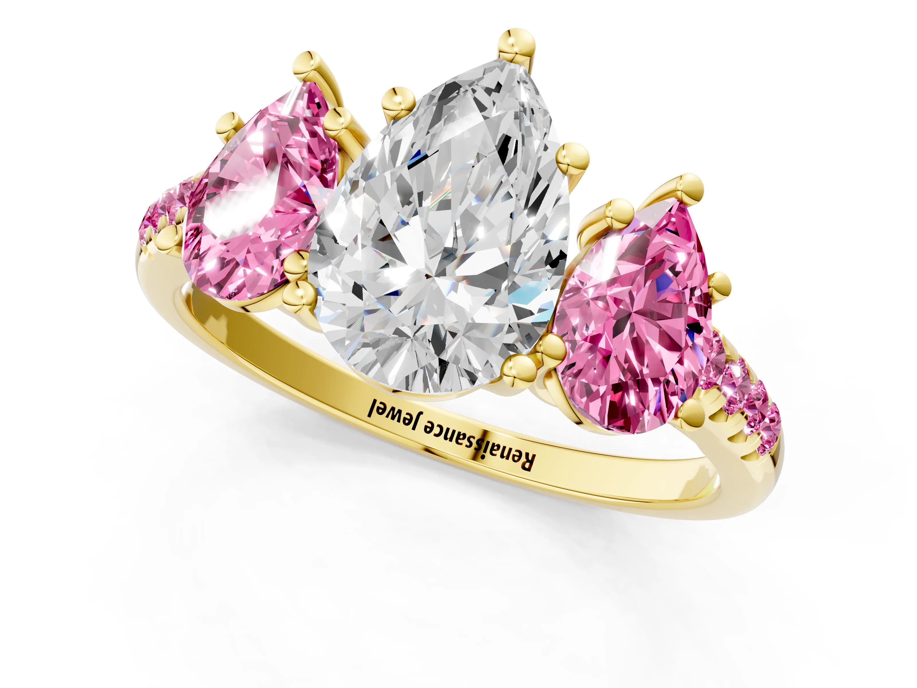 Yellow gold Three-Stone Pear Cut Diamond Ring with Round with Pink Sapphire side stone Pavé Band and Prong Setting_1