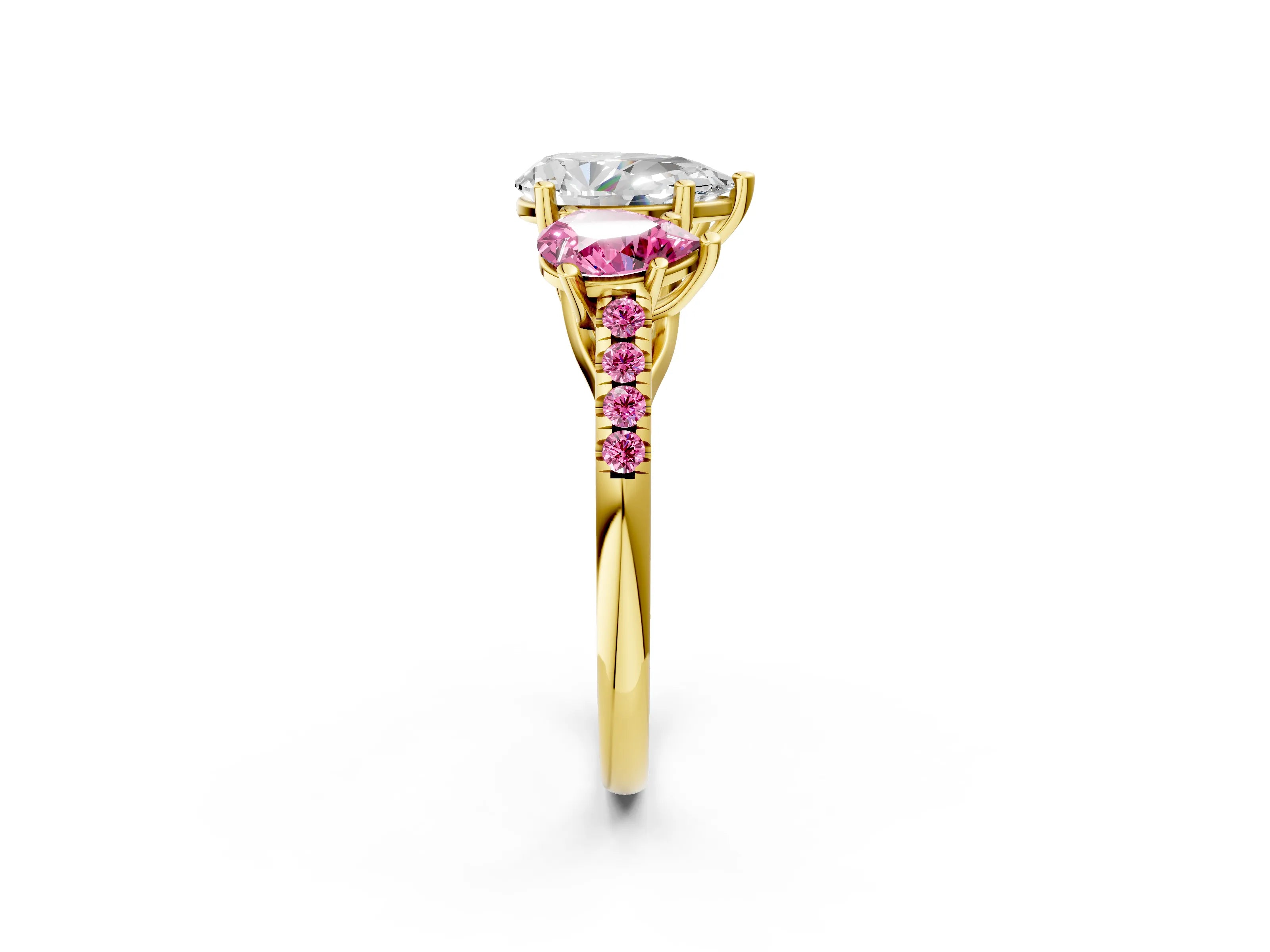 Yellow gold Three-Stone Pear Cut Diamond Ring with Round with Pink Sapphire side stone Pavé Band and Prong Setting_2