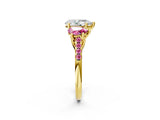 Yellow gold Three-Stone Pear Cut Diamond Ring with Round with Pink Sapphire side stone Pavé Band and Prong Setting_2