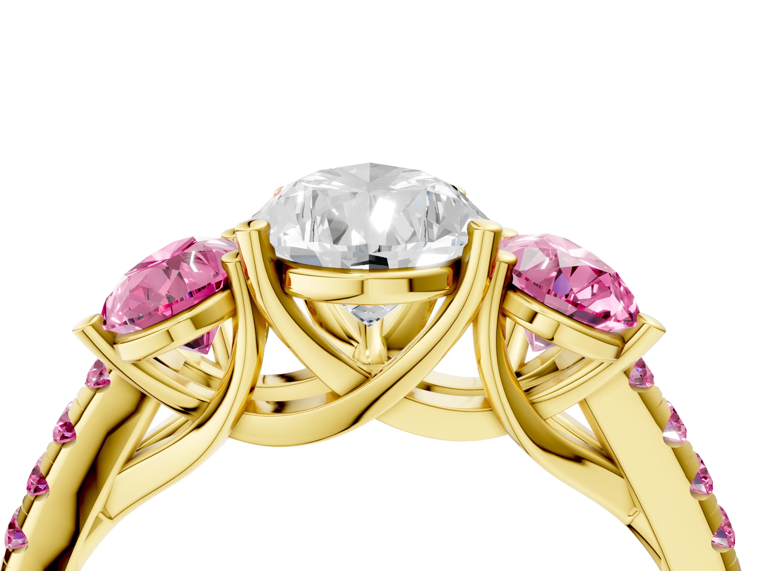 Yellow gold Three-Stone Pear Cut Diamond Ring with Round with Pink Sapphire side stone Pavé Band and Prong Setting_4
