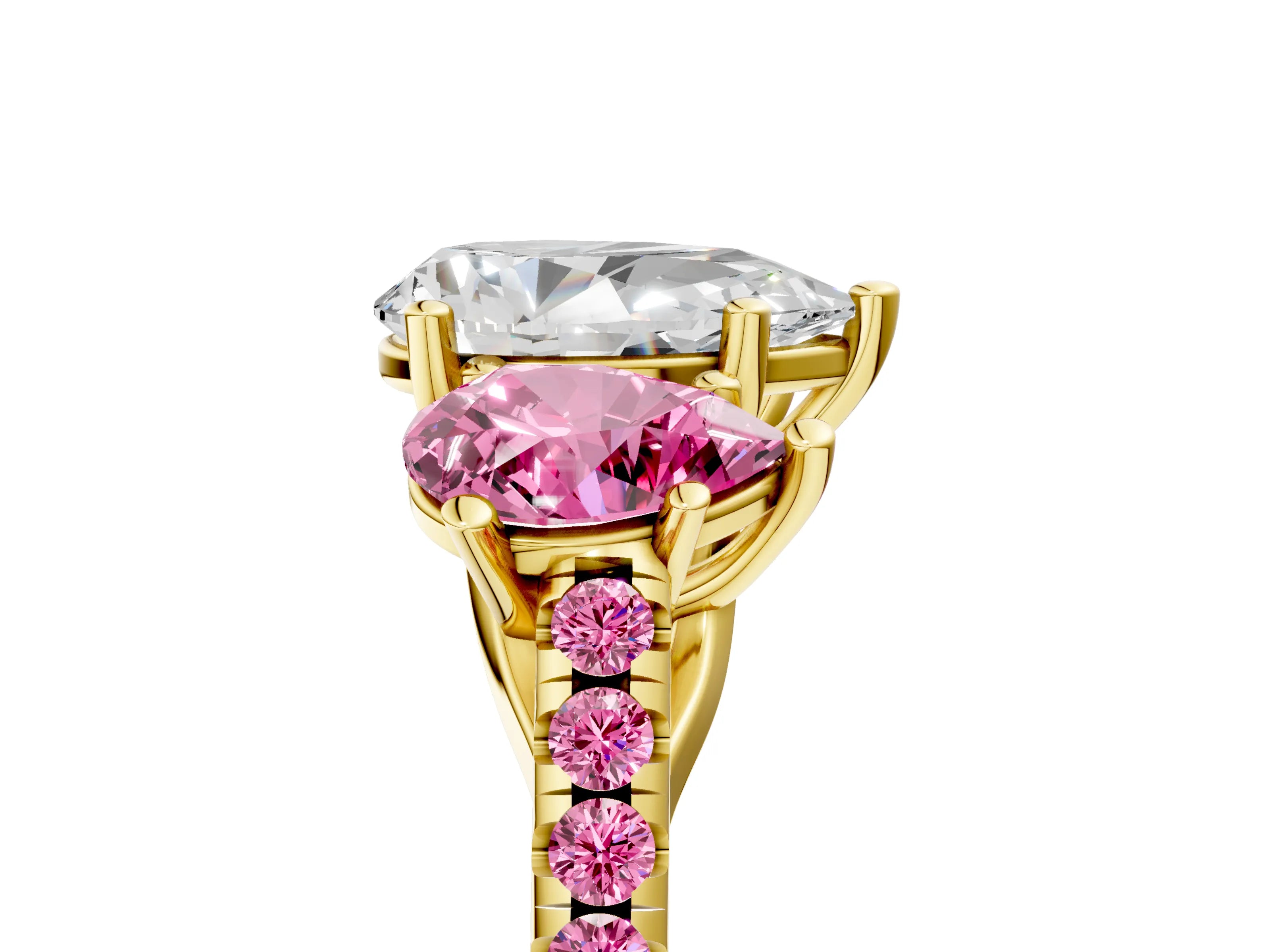 Yellow gold Three-Stone Pear Cut Diamond Ring with Round with Pink Sapphire side stone Pavé Band and Prong Setting_5