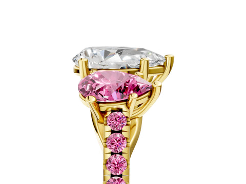 Yellow gold Three-Stone Pear Cut Diamond Ring with Round with Pink Sapphire side stone Pavé Band and Prong Setting_5