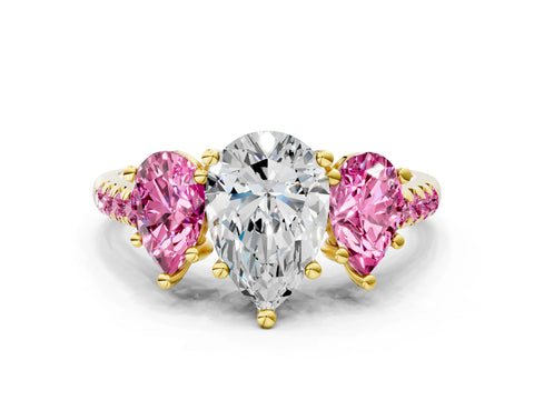 Yellow gold Three-Stone Pear Cut Diamond Ring with Round with Pink Sapphire side stone Pavé Band and Prong Setting
