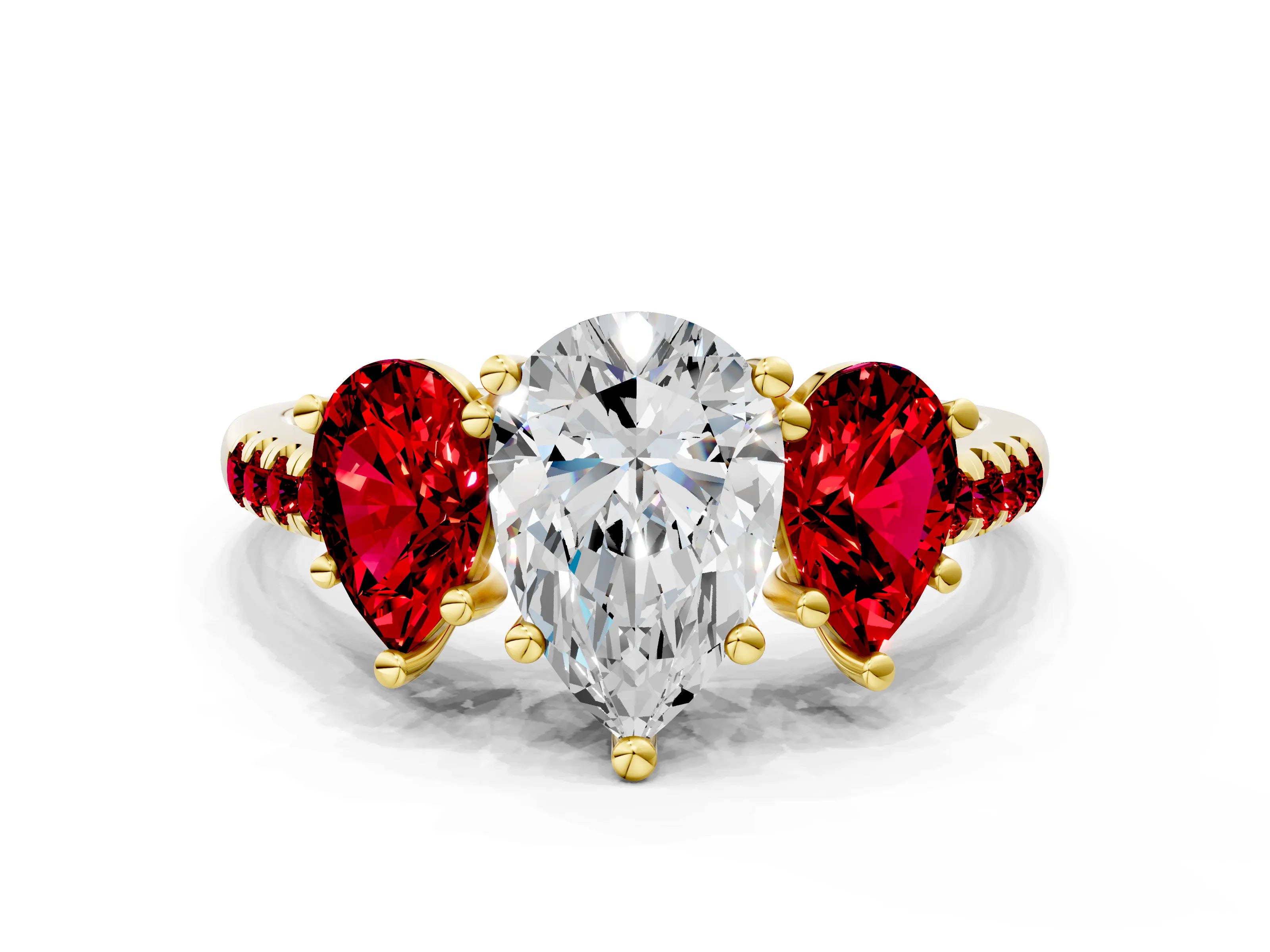 Yellow gold Three-Stone Pear Cut Diamond Ring with Round with Ruby side stone Pavé Band and Prong Setting