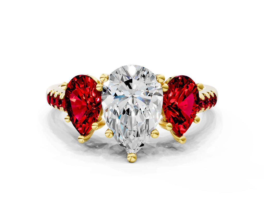 Yellow gold Three-Stone Pear Cut Diamond Ring with Round with Ruby side stone Pavé Band and Prong Setting