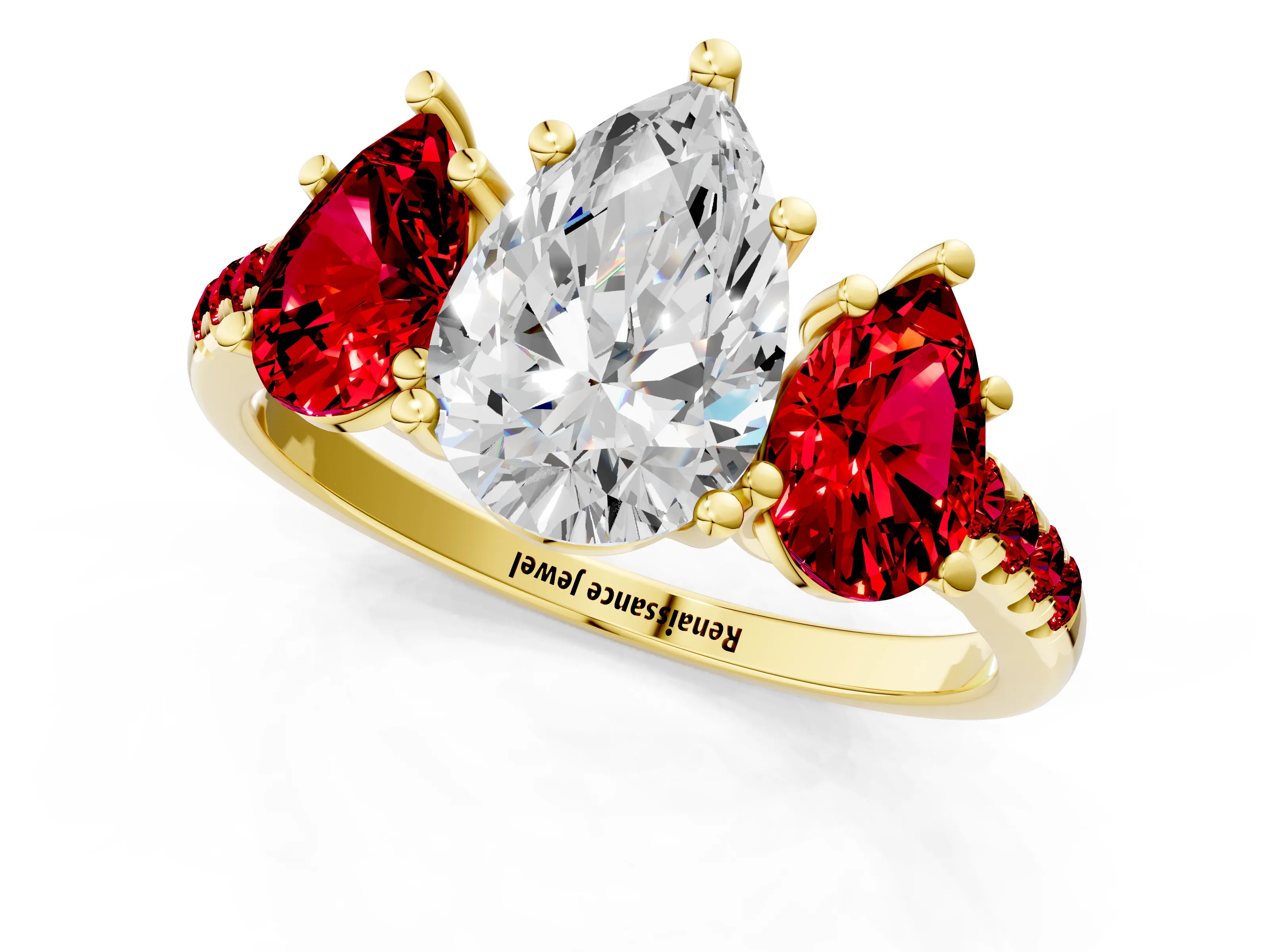 Yellow gold Three-Stone Pear Cut Diamond Ring with Round with Ruby side stone Pavé Band and Prong Setting_1