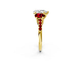 Yellow gold Three-Stone Pear Cut Diamond Ring with Round with Ruby side stone Pavé Band and Prong Setting_2