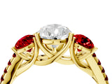 Yellow gold Three-Stone Pear Cut Diamond Ring with Round with Ruby side stone Pavé Band and Prong Setting_4