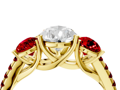 Yellow gold Three-Stone Pear Cut Diamond Ring with Round with Ruby side stone Pavé Band and Prong Setting_4