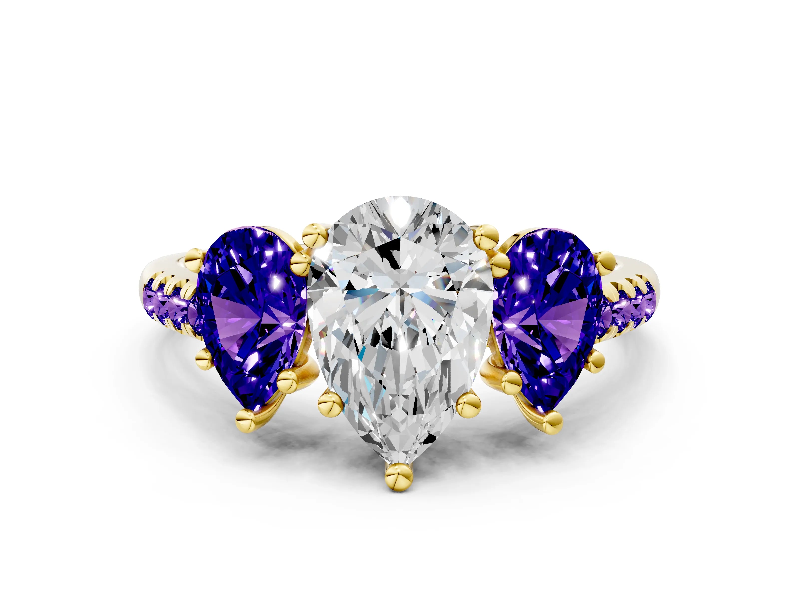 Yellow gold Three-Stone Pear Cut Diamond Ring with Round with Tanzanite side stone Pavé Band and Prong Setting