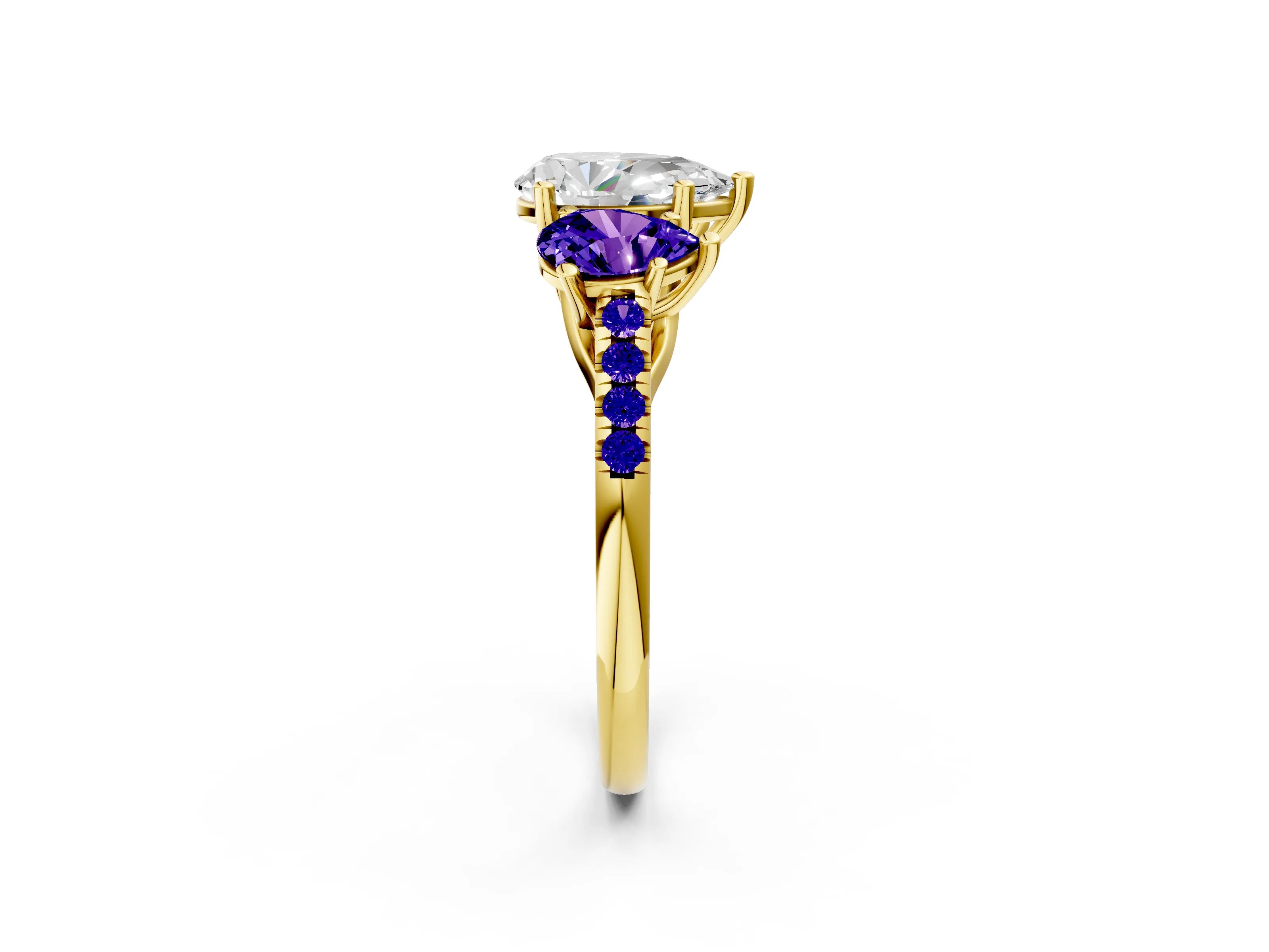 Yellow gold Three-Stone Pear Cut Diamond Ring with Round with Tanzanite side stone Pavé Band and Prong Setting_2