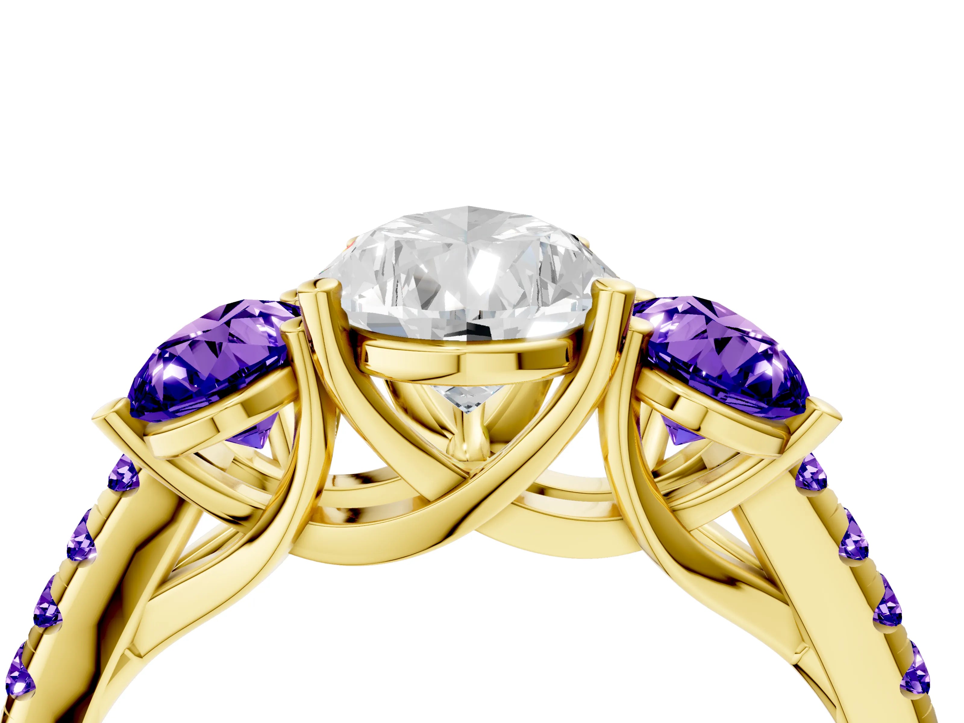 Yellow gold Three-Stone Pear Cut Diamond Ring with Round with Tanzanite side stone Pavé Band and Prong Setting_4