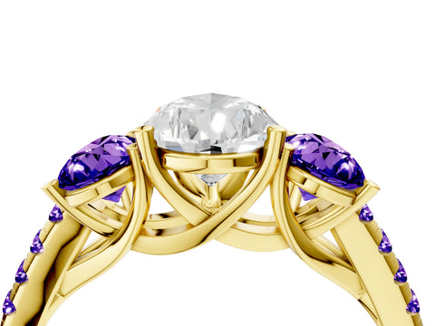 Yellow gold Three-Stone Pear Cut Diamond Ring with Round with Tanzanite side stone Pavé Band and Prong Setting_4