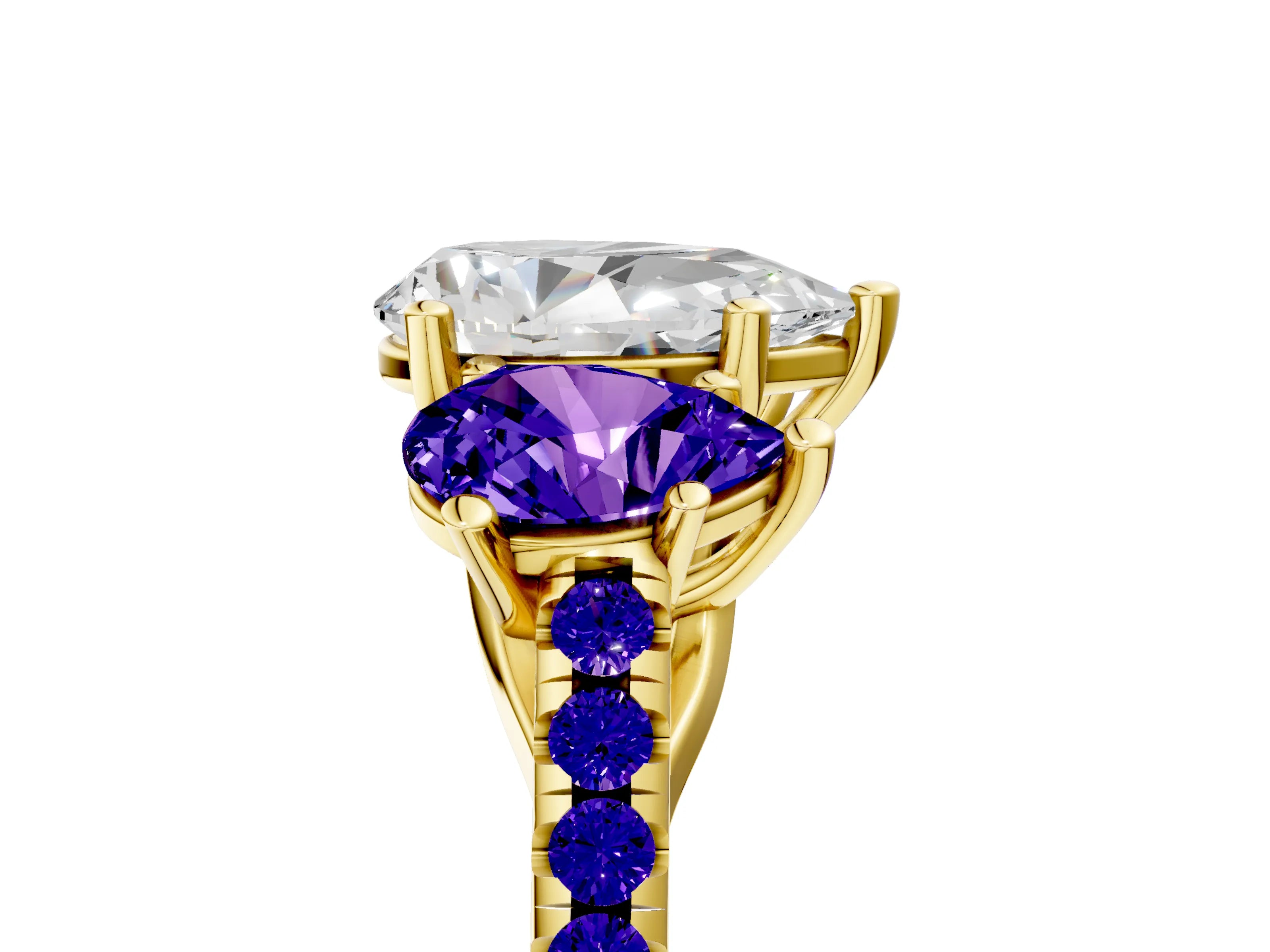 Yellow gold Three-Stone Pear Cut Diamond Ring with Round with Tanzanite side stone Pavé Band and Prong Setting_5
