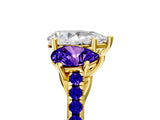 Yellow gold Three-Stone Pear Cut Diamond Ring with Round with Tanzanite side stone Pavé Band and Prong Setting_5