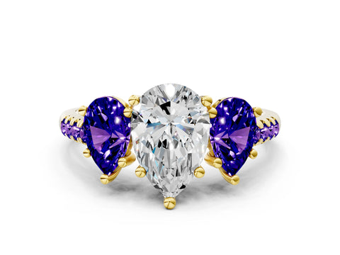 Yellow gold Three-Stone Pear Cut Diamond Ring with Round with Tanzanite side stone Pavé Band and Prong Setting