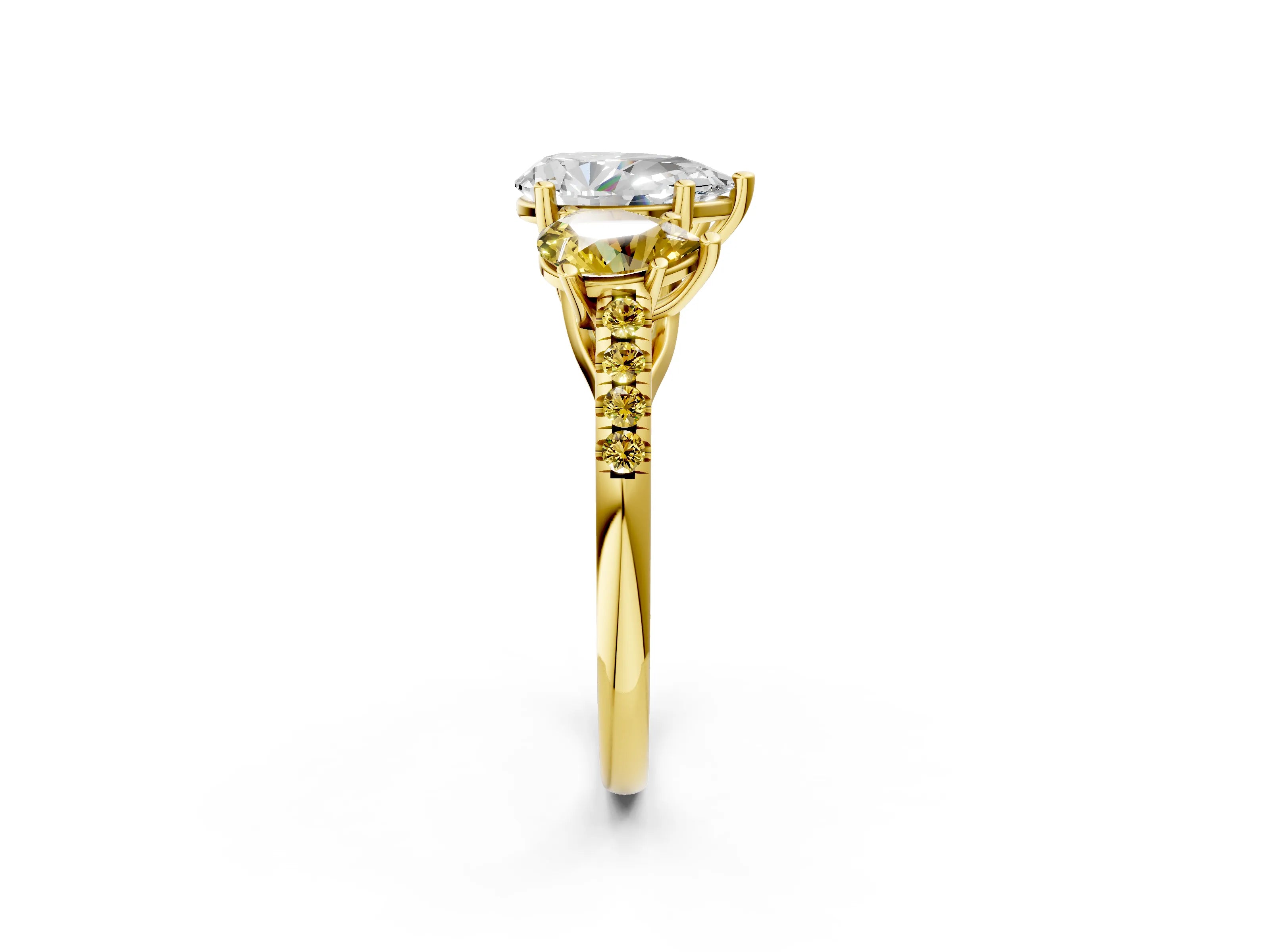 Yellow gold Three-Stone Pear Cut Diamond Ring with Round with Yellow Sapphire side stone Pavé Band and Prong Setting_2