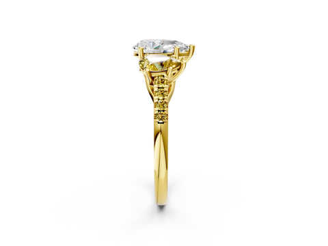 Yellow gold Three-Stone Pear Cut Diamond Ring with Round with Yellow Sapphire side stone Pavé Band and Prong Setting_2